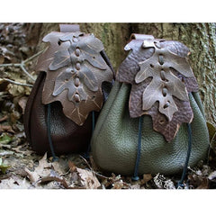 Medieval Leather Leaf Drawstring Coin Pouch - Battling Blades