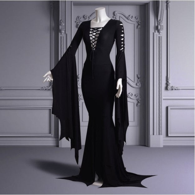 Renaissance Elegance: Morticia Addams Gothic Lace-Up Floor Dress