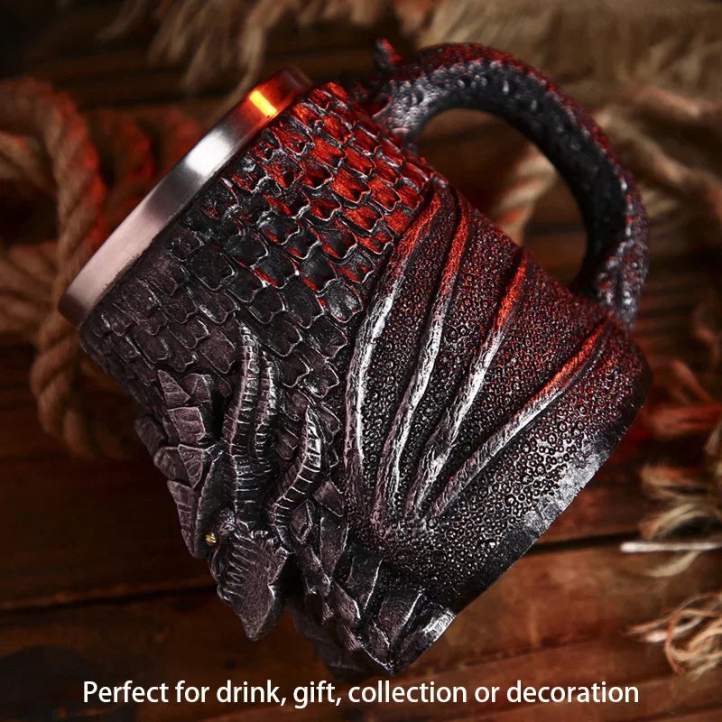 Medieval Dragon/ Skull Stainless Steel Mug - 600ml Retro Tankard