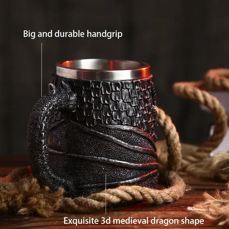 Medieval Dragon/ Skull Stainless Steel Mug - 600ml Retro Tankard