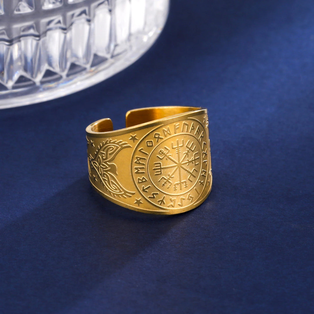 Vegvisir Ring Helm of Awe Nordic Rune - Scandinavian Amulet