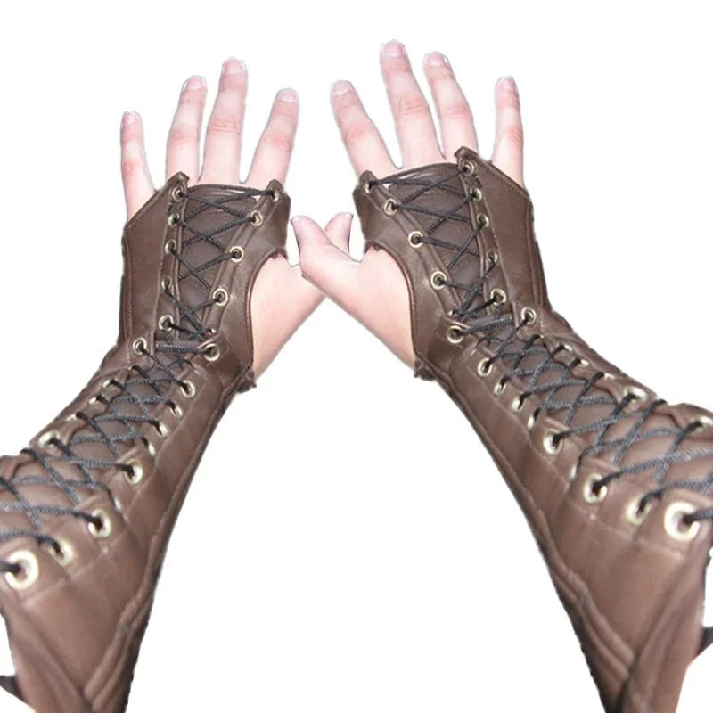 PU Leather Bracer Gloves - Medieval Lace Up Armor