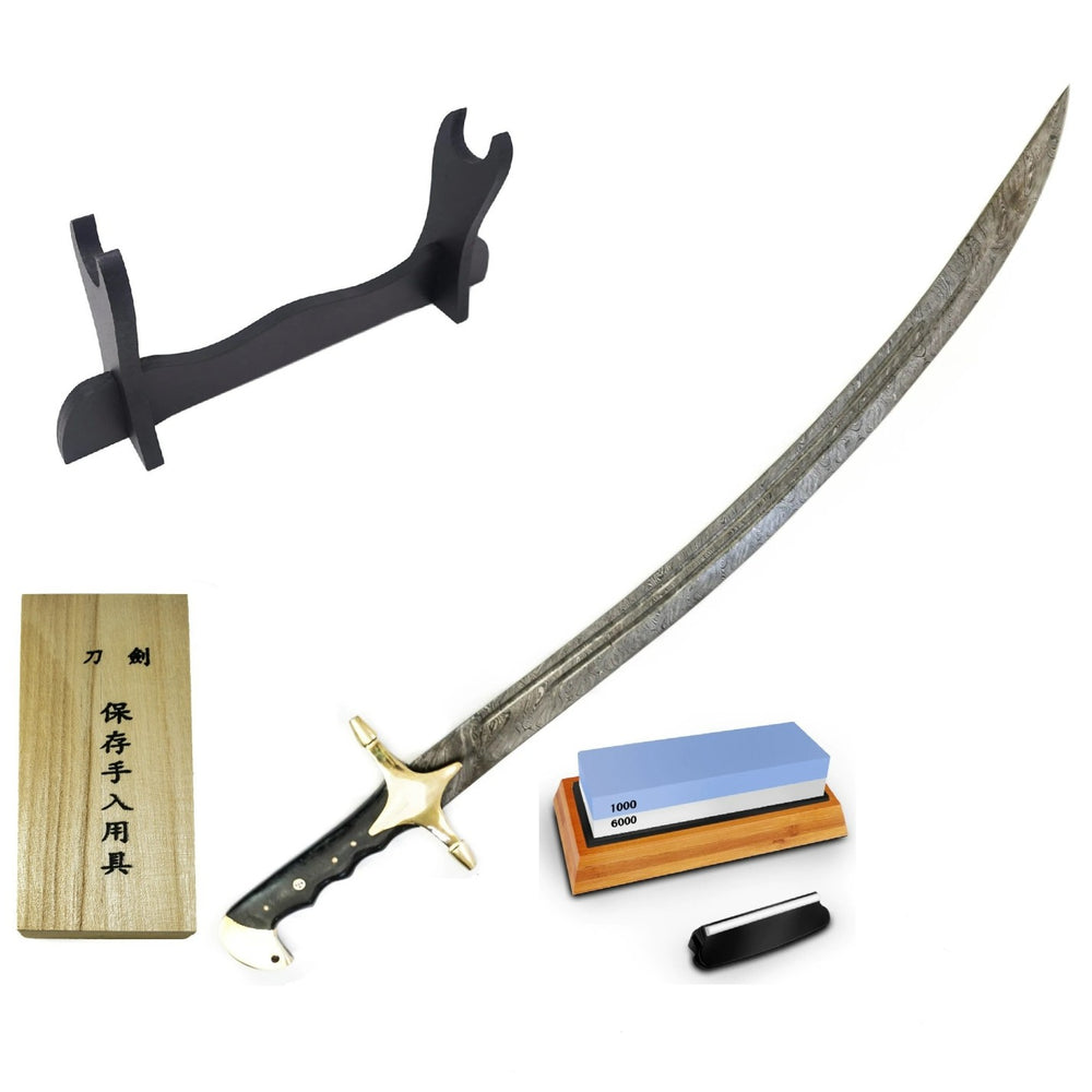 Scimitar Bundle- Damascus Steel Scimitar Sword- Maintenance Kit- Sword Sharpener- Sword Stand