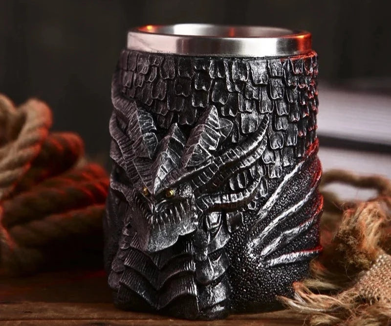 Medieval Dragon/ Skull Stainless Steel Mug - 600ml Retro Tankard