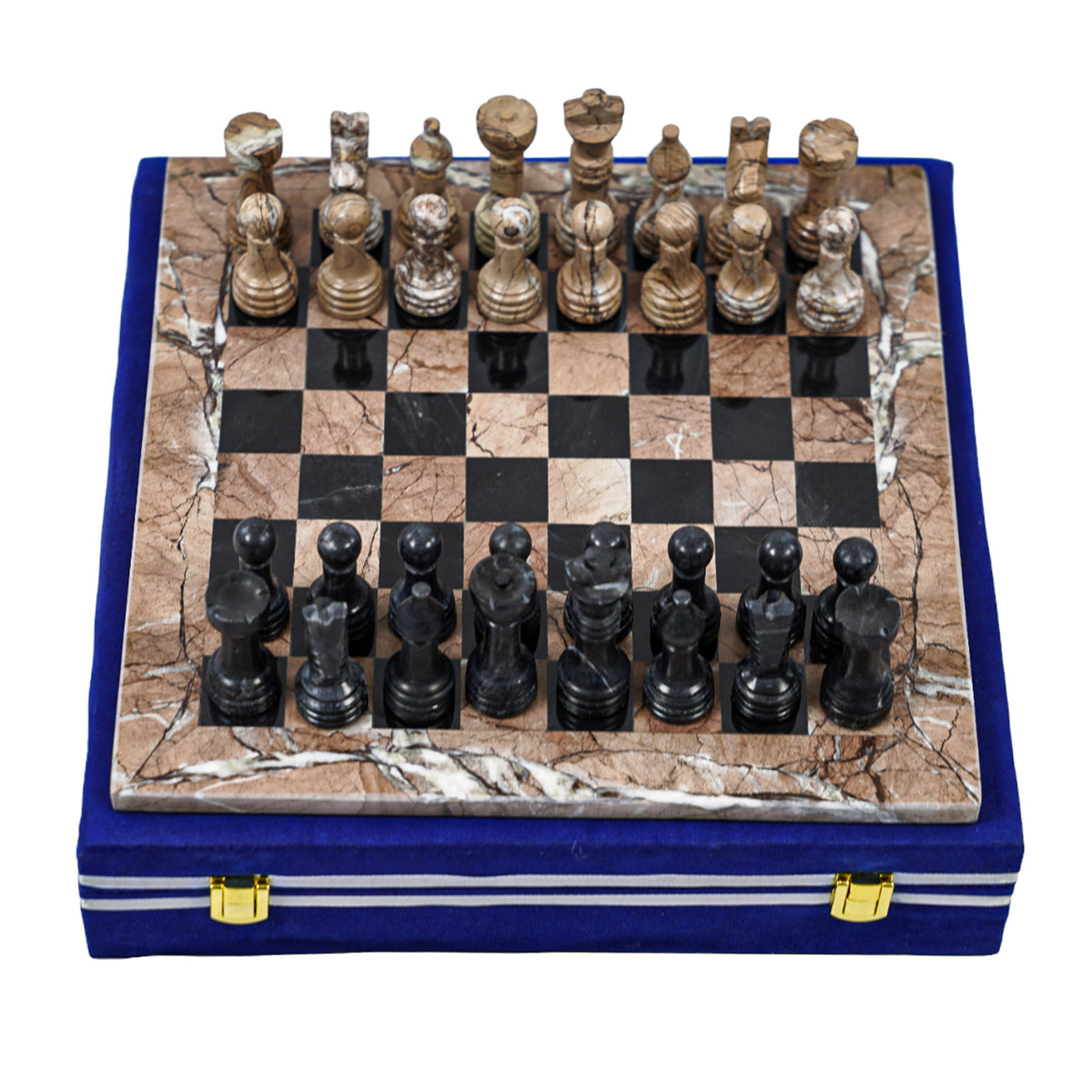 Marble Chess Set- Marina and Black Marble Chess Board with Pieces- 12" - Battling Blades