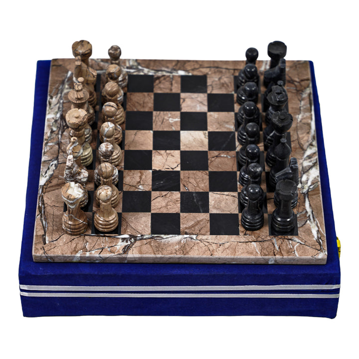 Marble Chess Set- Marina and Black Marble Chess Board with Pieces- 16"