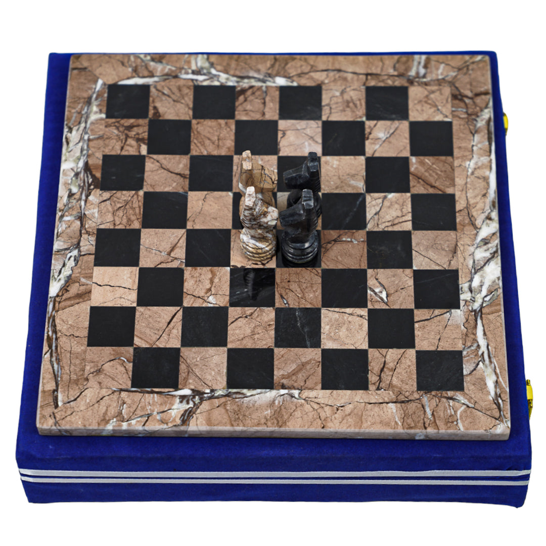 Marble Chess Set- Marina and Black Marble Chess Board with Pieces- 12"