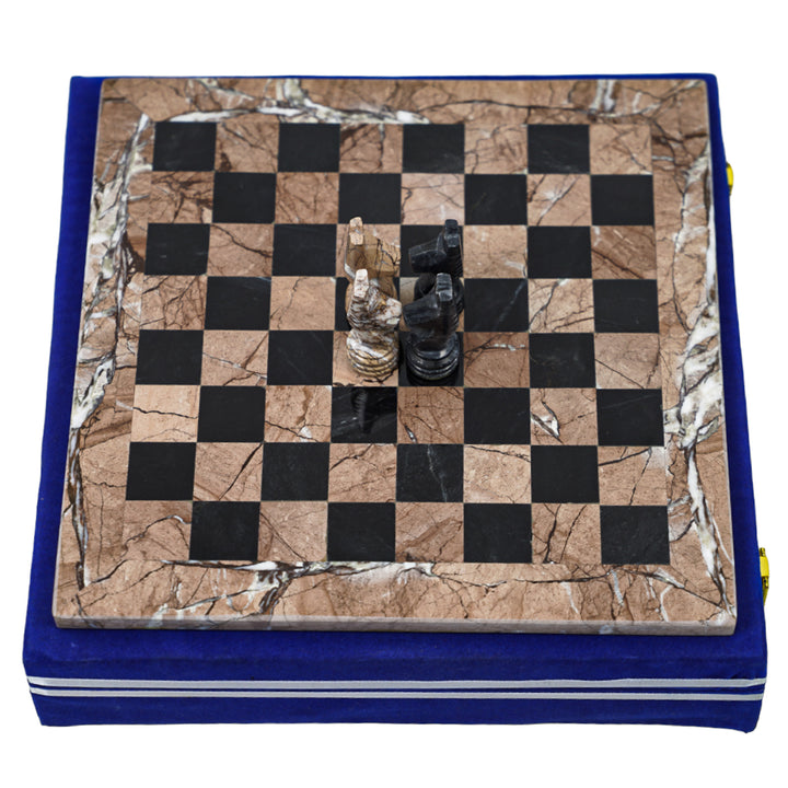 Marble Chess Set- Marina and Black Marble Chess Board with Pieces- 16"