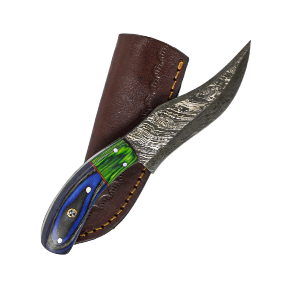 Skinning Knife/ Skinner Knife- High Carbon Damascus Steel Blade- Blue/ Green