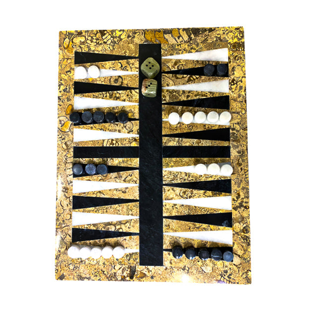 Backgammon- Coral Boarder with White and Black Pieces- 9"x12"
