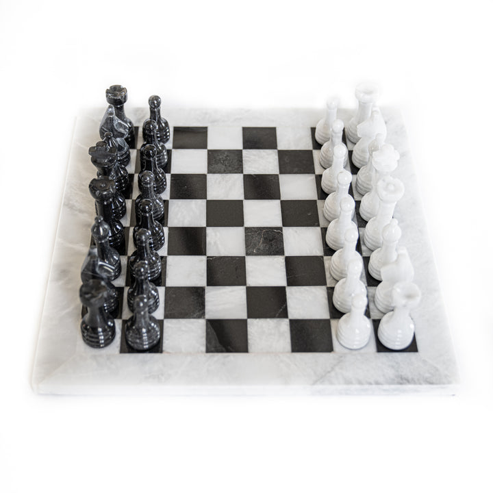 Marble Chess Set- White and Black Marble Chess Board with Chess Pieces- 12"