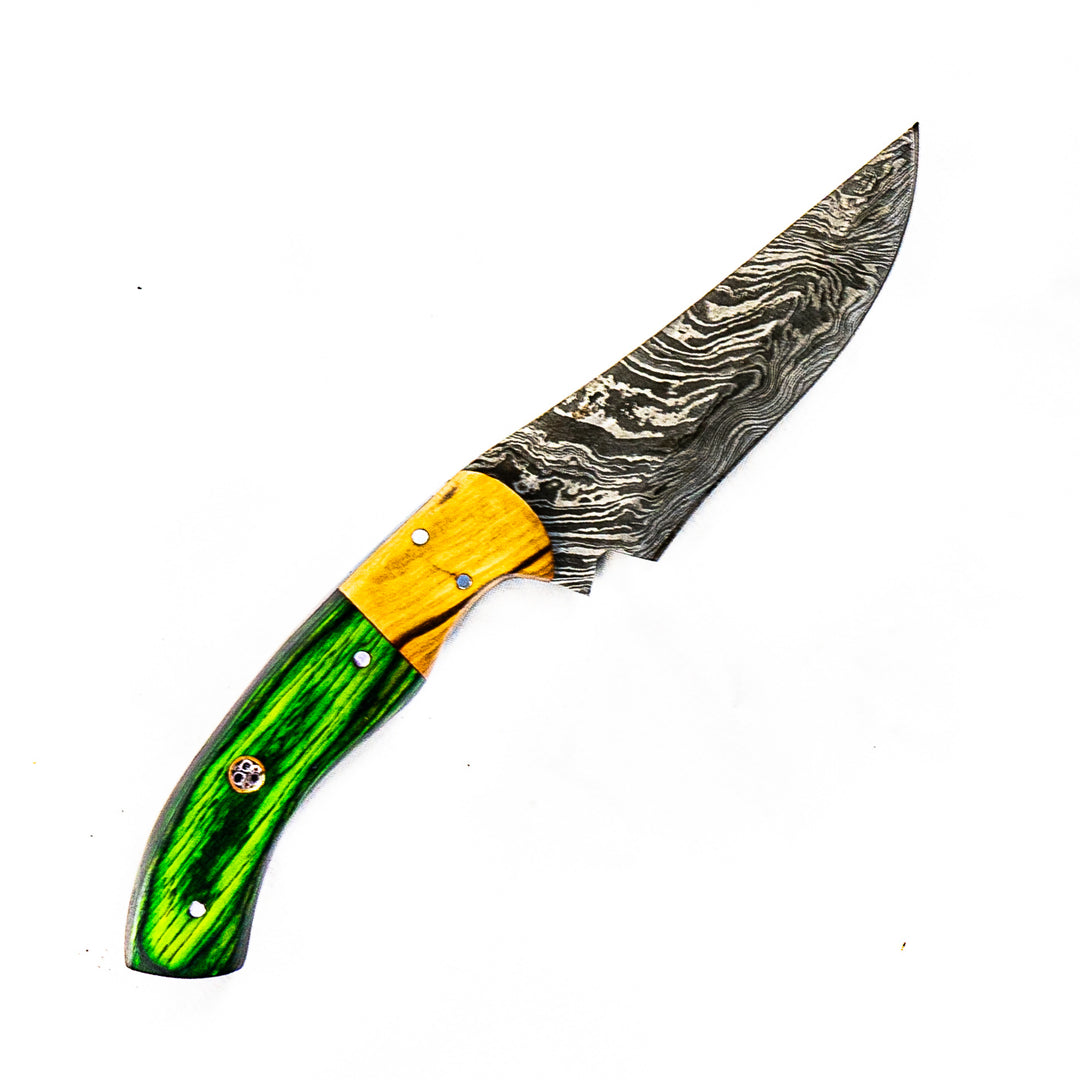 Green Skinner Knife- Skinning Knife- High Carbon Damascus Steel Blade- 8"
