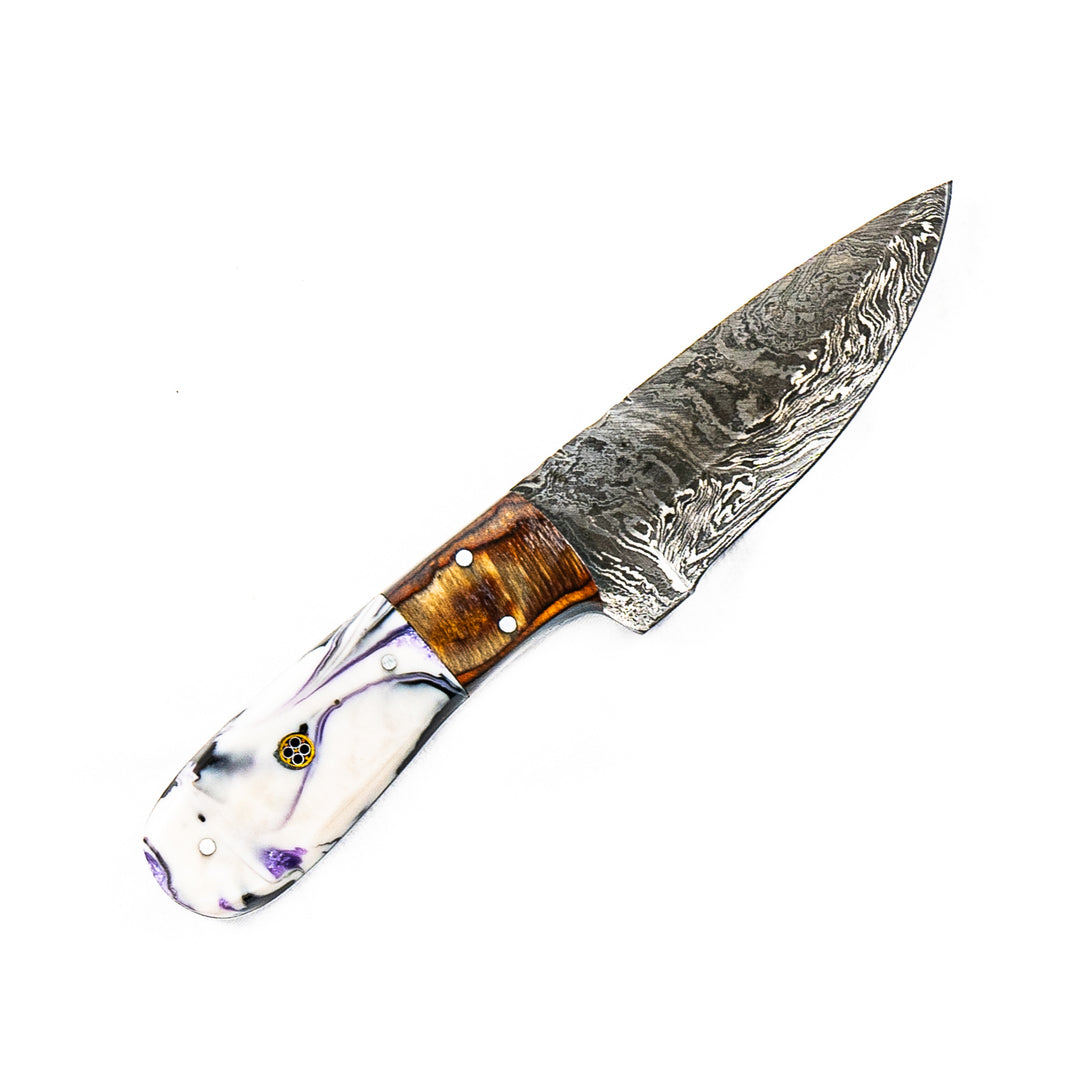 White and Purple Skinner Knife- Micarta- High Carbon Damascus Steel Blade- 8"