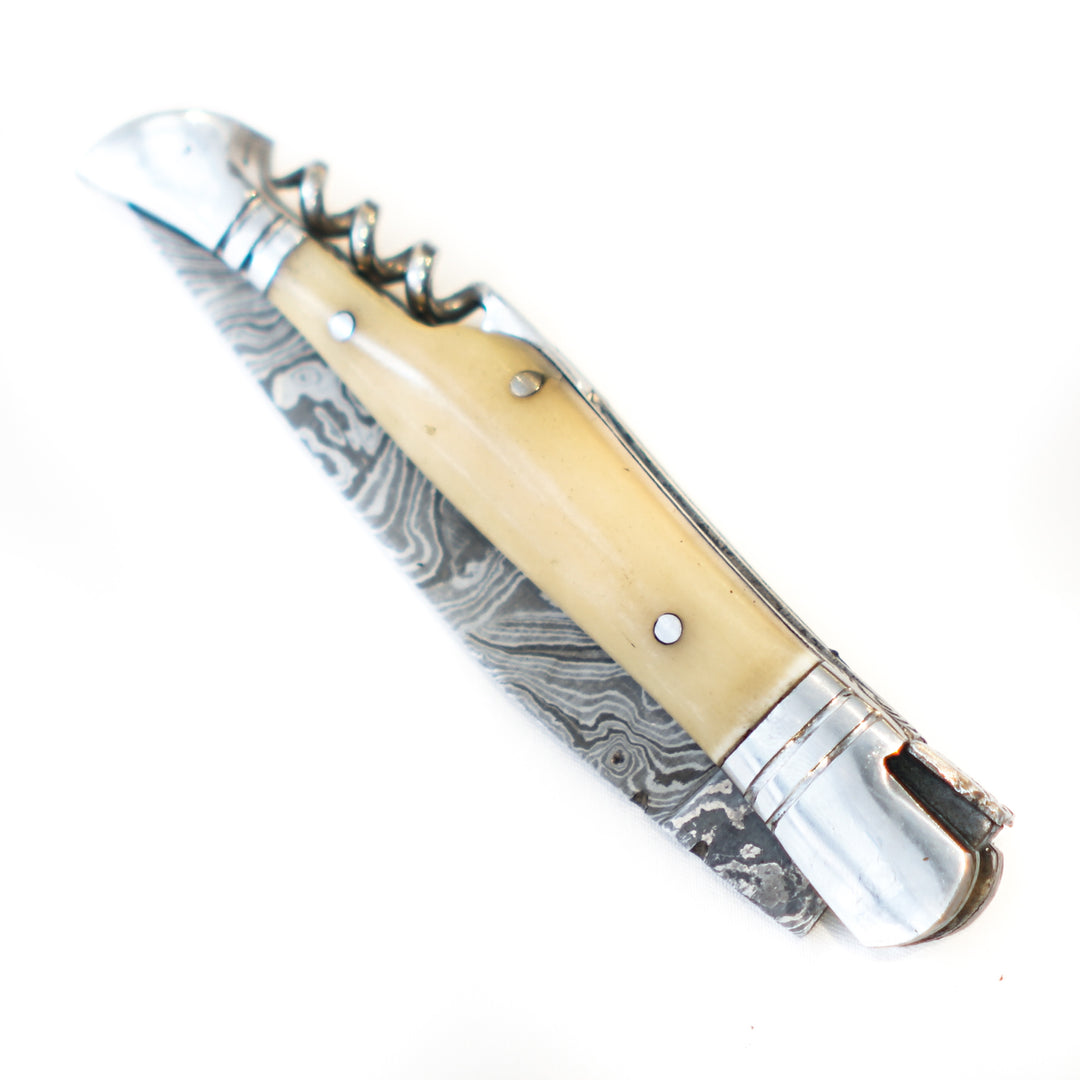 Folding Pocket Knife- 8"- High Carbon Damascus Steel- Bone Handle
