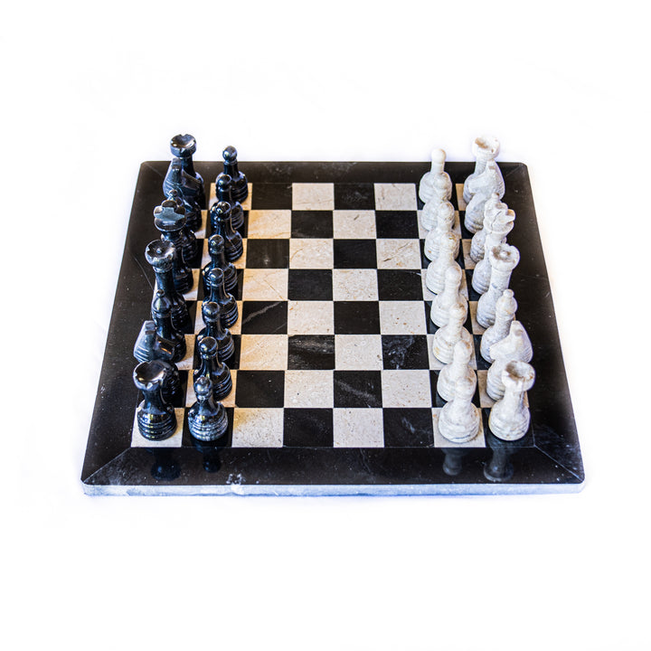 Marble Chess Set- Black and White Marble with Chess Pieces- Black Border- 12"