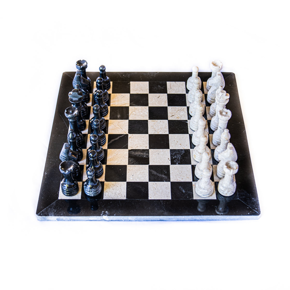 Marble Chess Set- Black and White Marble with Chess Pieces- Black Border- 12" - Battling Blades