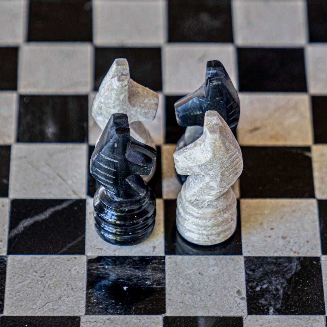 Marble Chess Set- Black and White Marble with Chess Pieces- Black Border- 12"