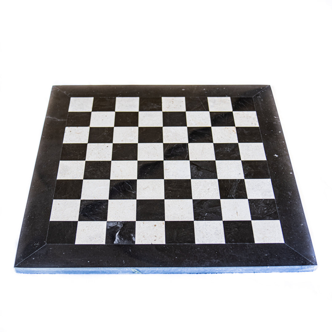 Large Marble Chess Set- Black and White with Fancy Chess Pieces- Black Border- 16"