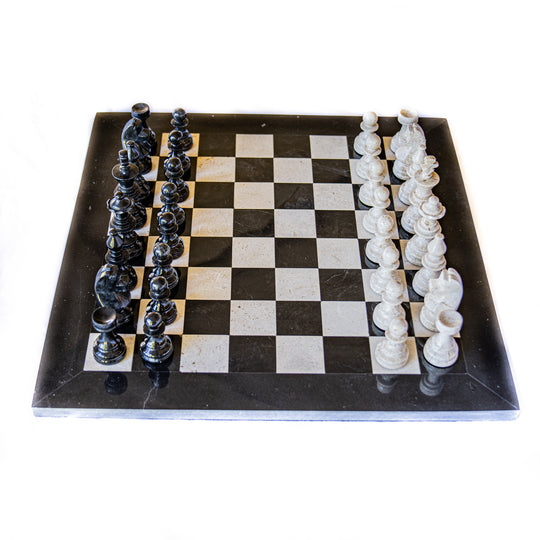Large Marble Chess Set- Black and White with Fancy Chess Pieces- Black Border- 16"