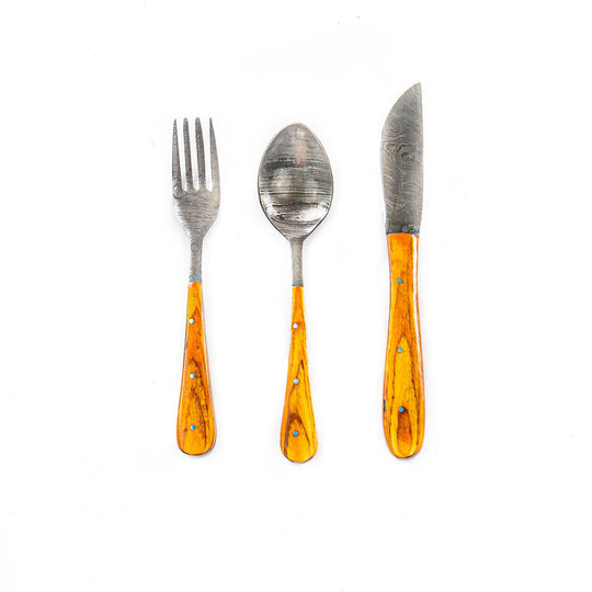 Silverware Set- High Carbon Damascus Steel- Fork, Spoon and Knife- Wood - Battling Blades