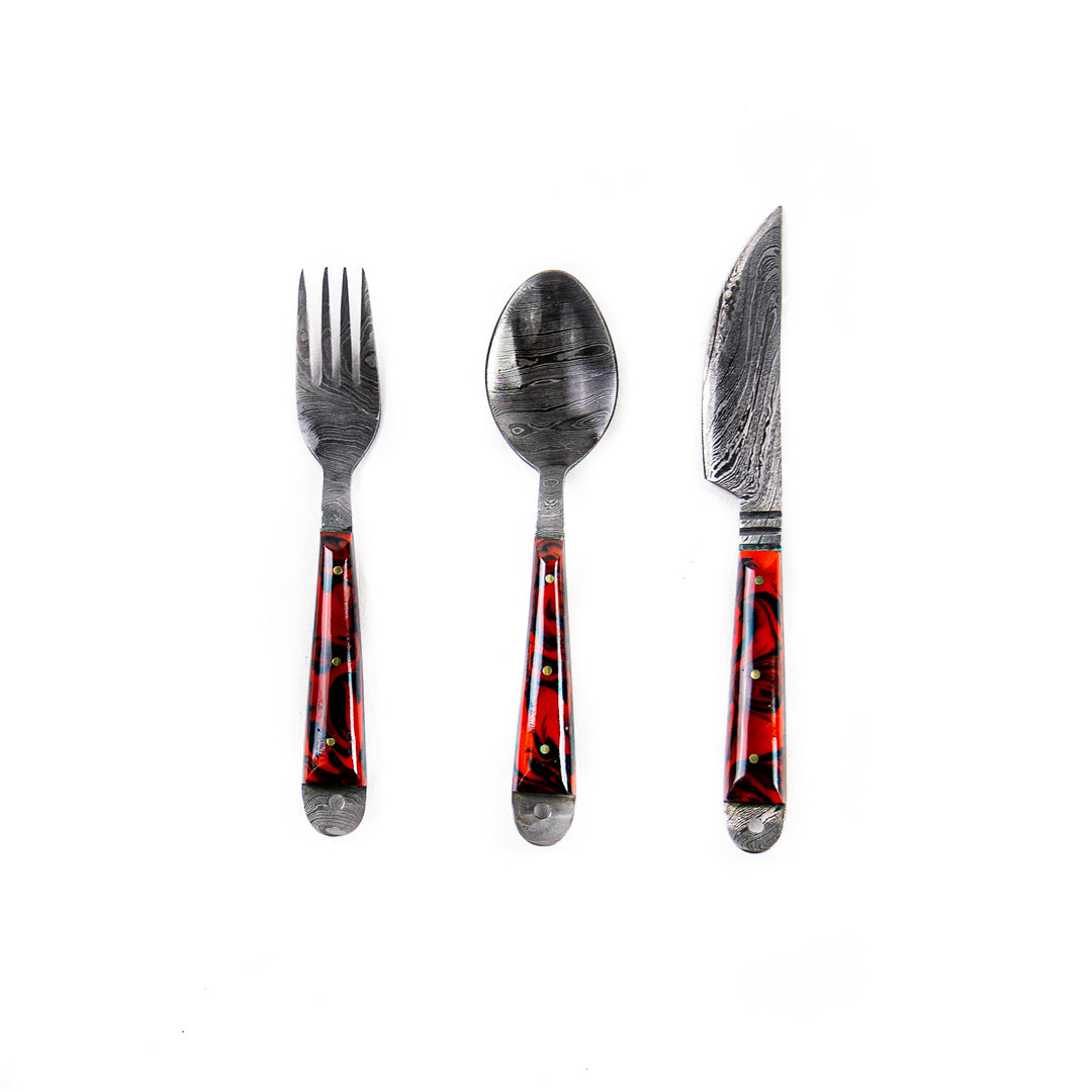 Silverware Set- High Carbon Damascus Steel- Fork, Spoon and Knife- Red Micarta
