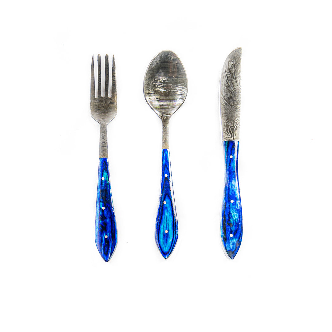 Silverware Set- High Carbon Damascus Steel- Fork, Spoon and Knife- Blue