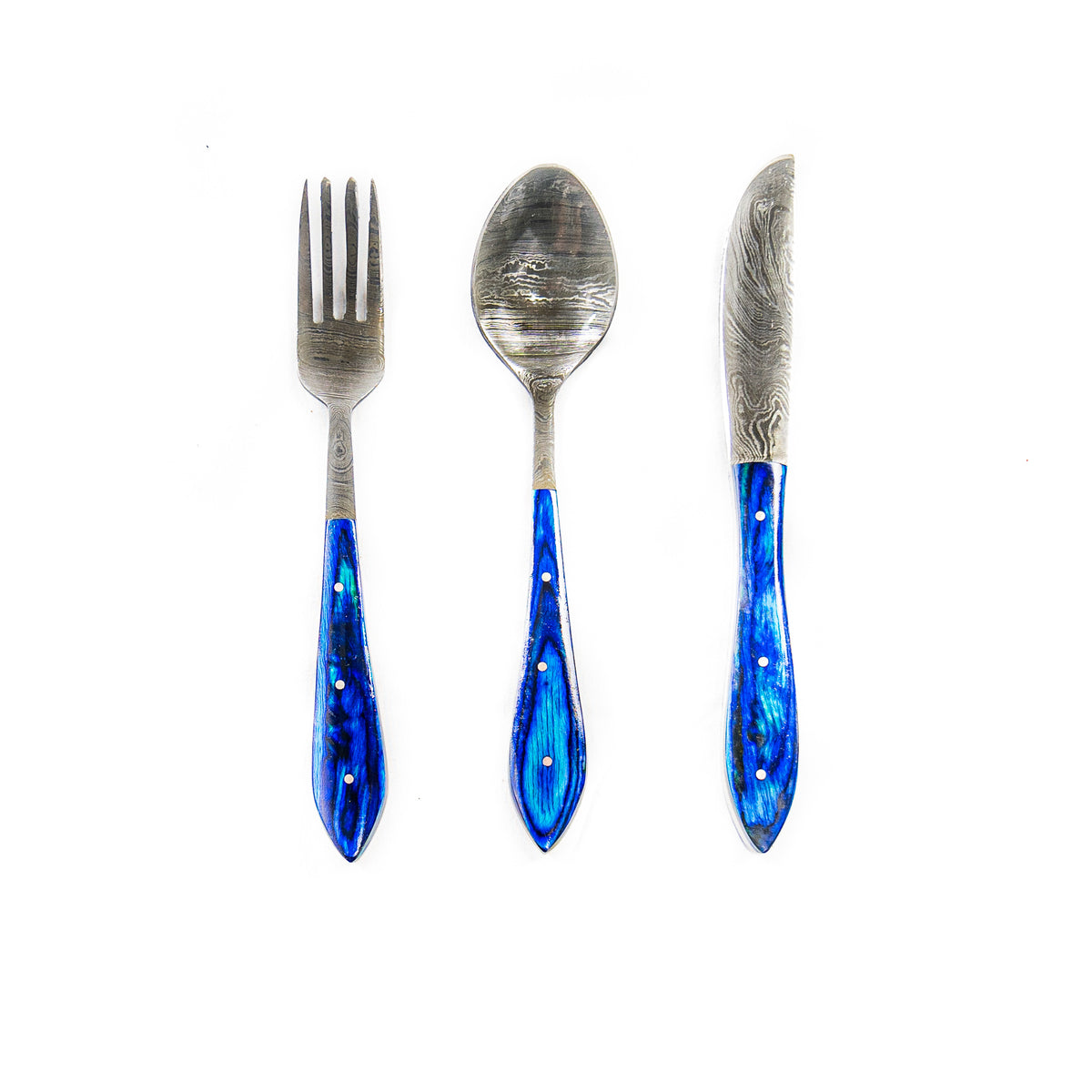 Silverware Set- High Carbon Damascus Steel- Fork, Spoon and Knife- Blue - Battling Blades