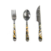 Silverware Set- High Carbon Damascus Steel- Fork, Spoon and Knife- Micarta - Battling Blades