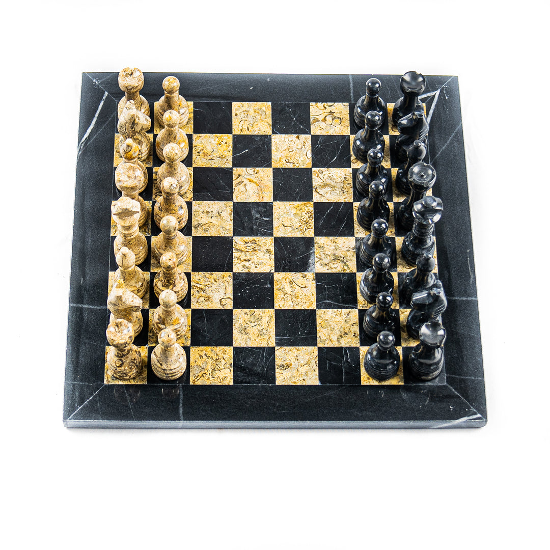 Marble Chess Set- Black and Botticino Marble Chess Board with Pieces- 12"