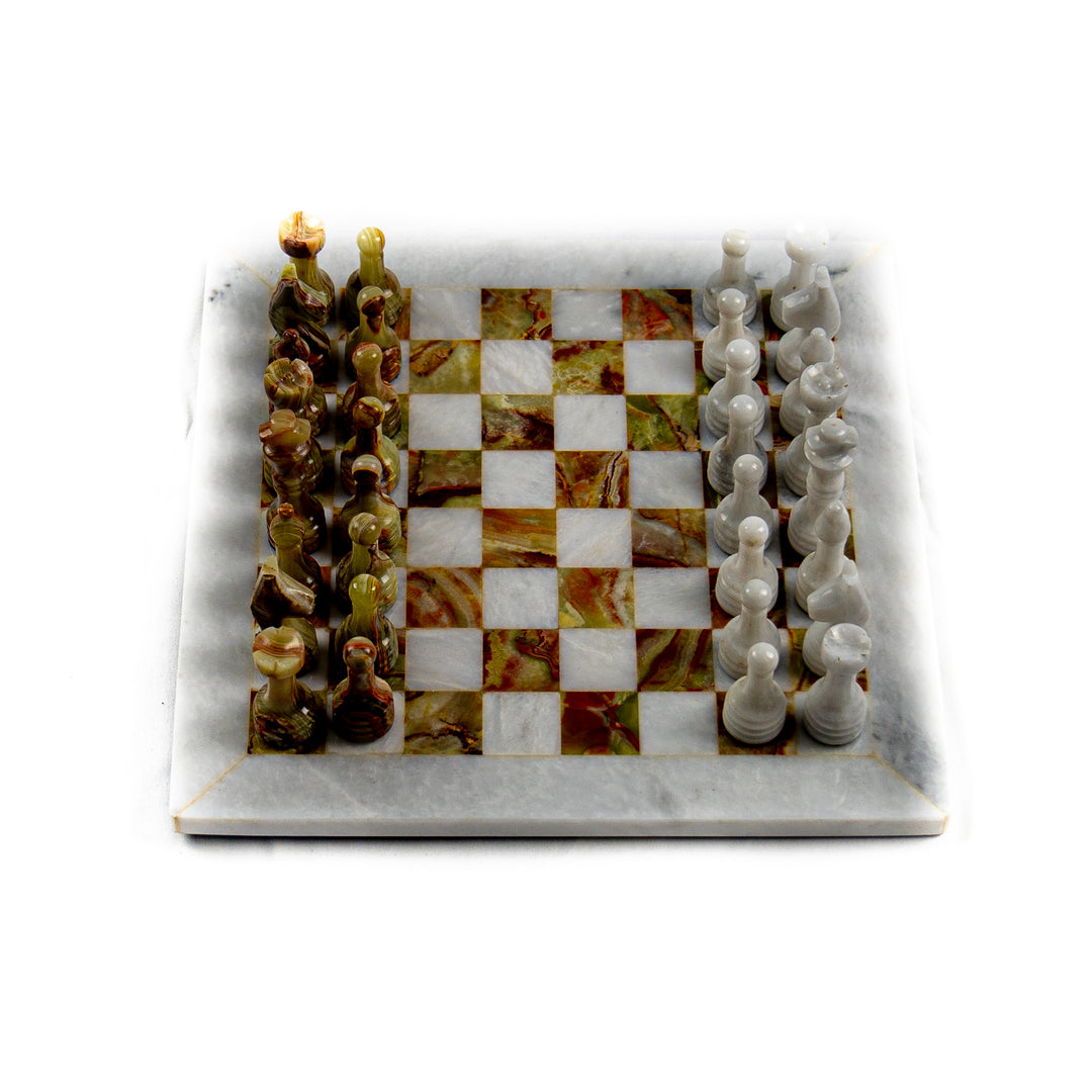 Marble Chess Set- White and Red/ Green Marble Chess Board with Pieces- 12"