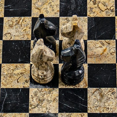 Marble Chess Set- Black and Botticino Marble Chess Board with Pieces- 12" - Battling Blades