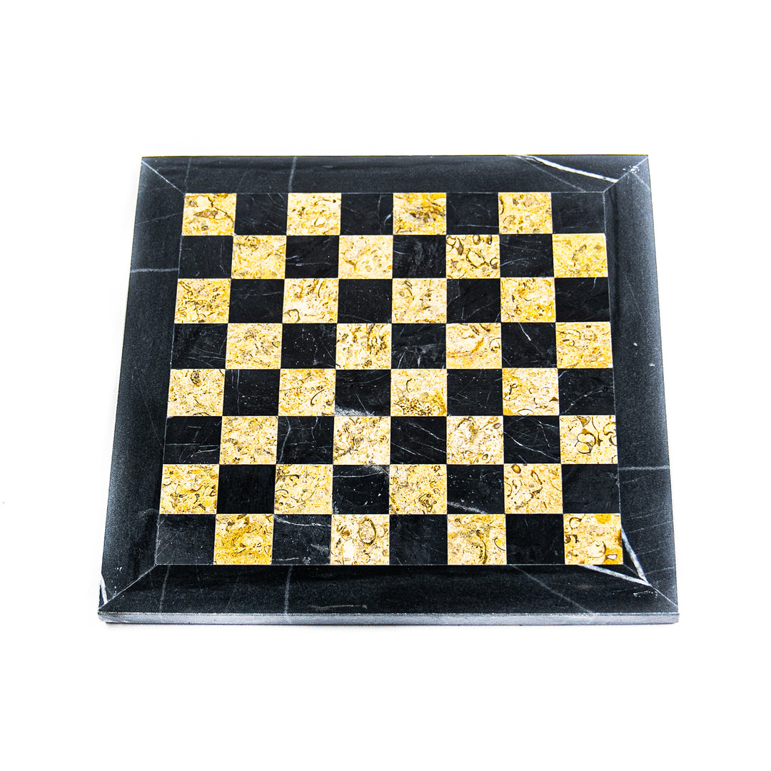 Marble Chess Set- Black and Botticino Marble Chess Board with Pieces- 12"