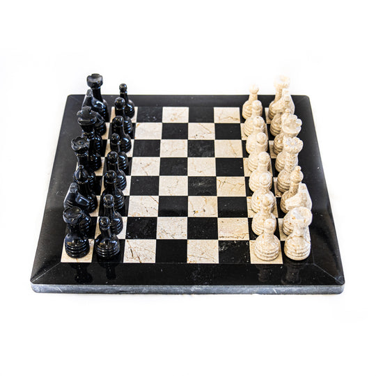 Large Marble Chess Set- Black and White Coral with Chess Pieces- White Coral Border- 16"