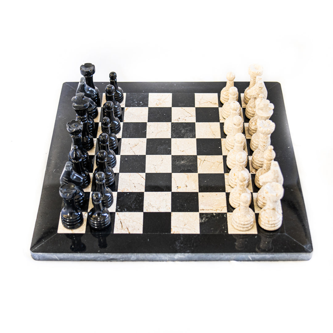 Marble Chess Set- Black and White Coral with Chess Pieces- Black Border- 12"