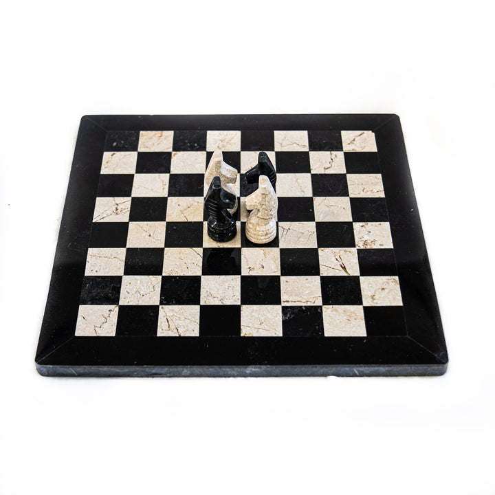 Marble Chess Set- Black and White Coral with Chess Pieces- Black Border- 12"