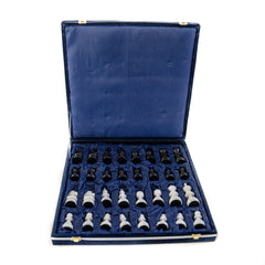 Large Marble Chess Set- White and Black with Fancy Chess Pieces- White Border- 16" - Battling Blades