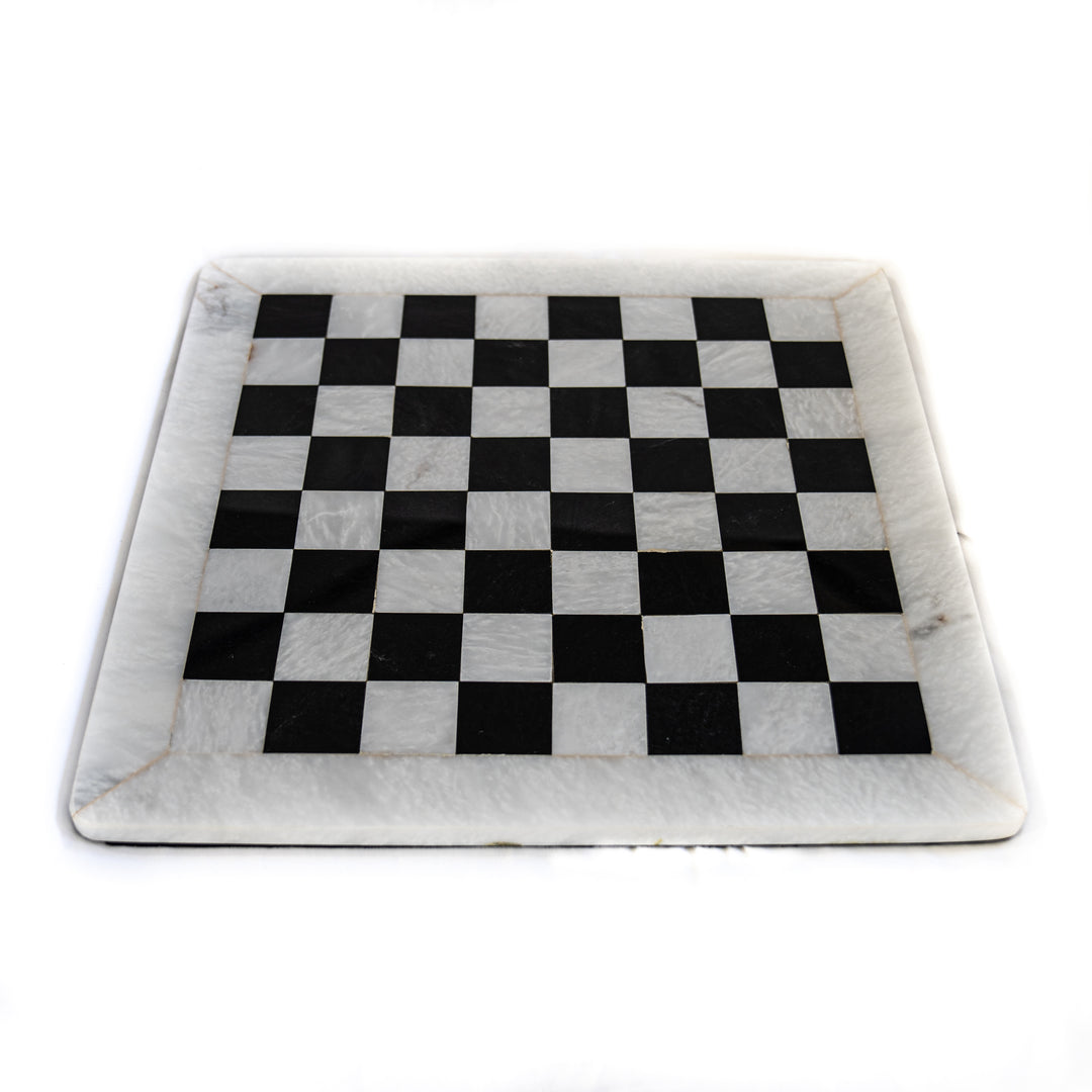 Large Marble Chess Set- White and Black with Fancy Chess Pieces- White Border- 16"