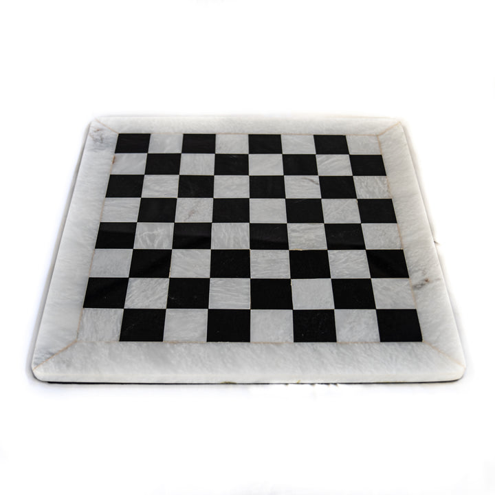 Large Marble Chess Set- White and Black with Fancy Chess Pieces- White Border- 16"