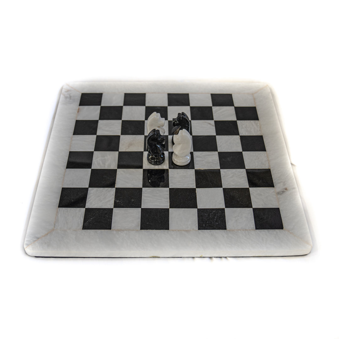 Large Marble Chess Set- White and Black with Fancy Chess Pieces- White Border- 16"