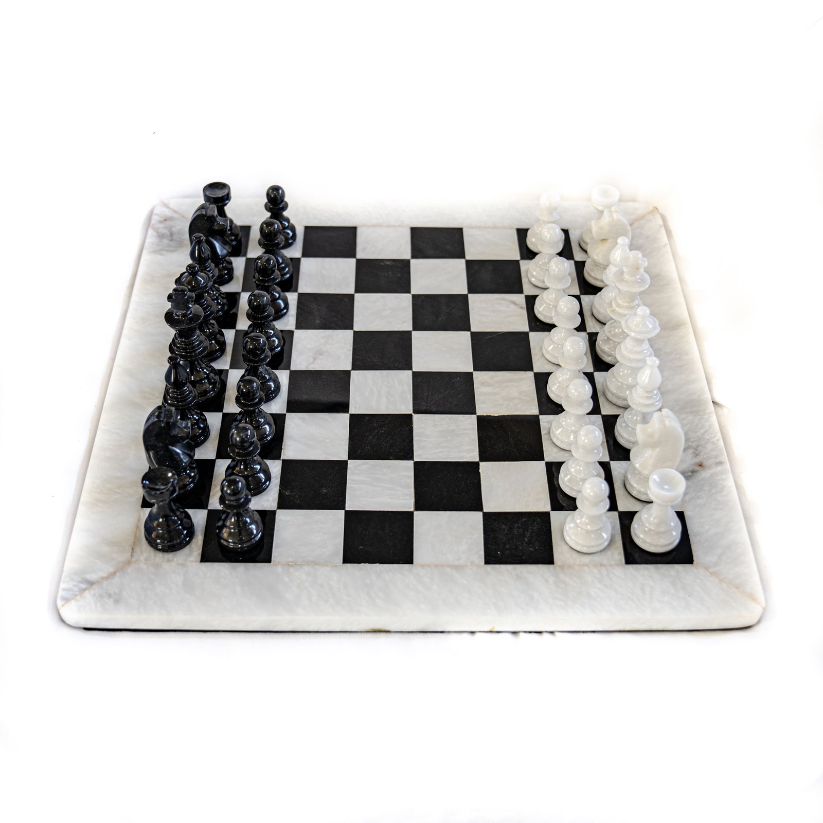 Large Marble Chess Set- White and Black with Fancy Chess Pieces- White Border- 16" - Battling Blades