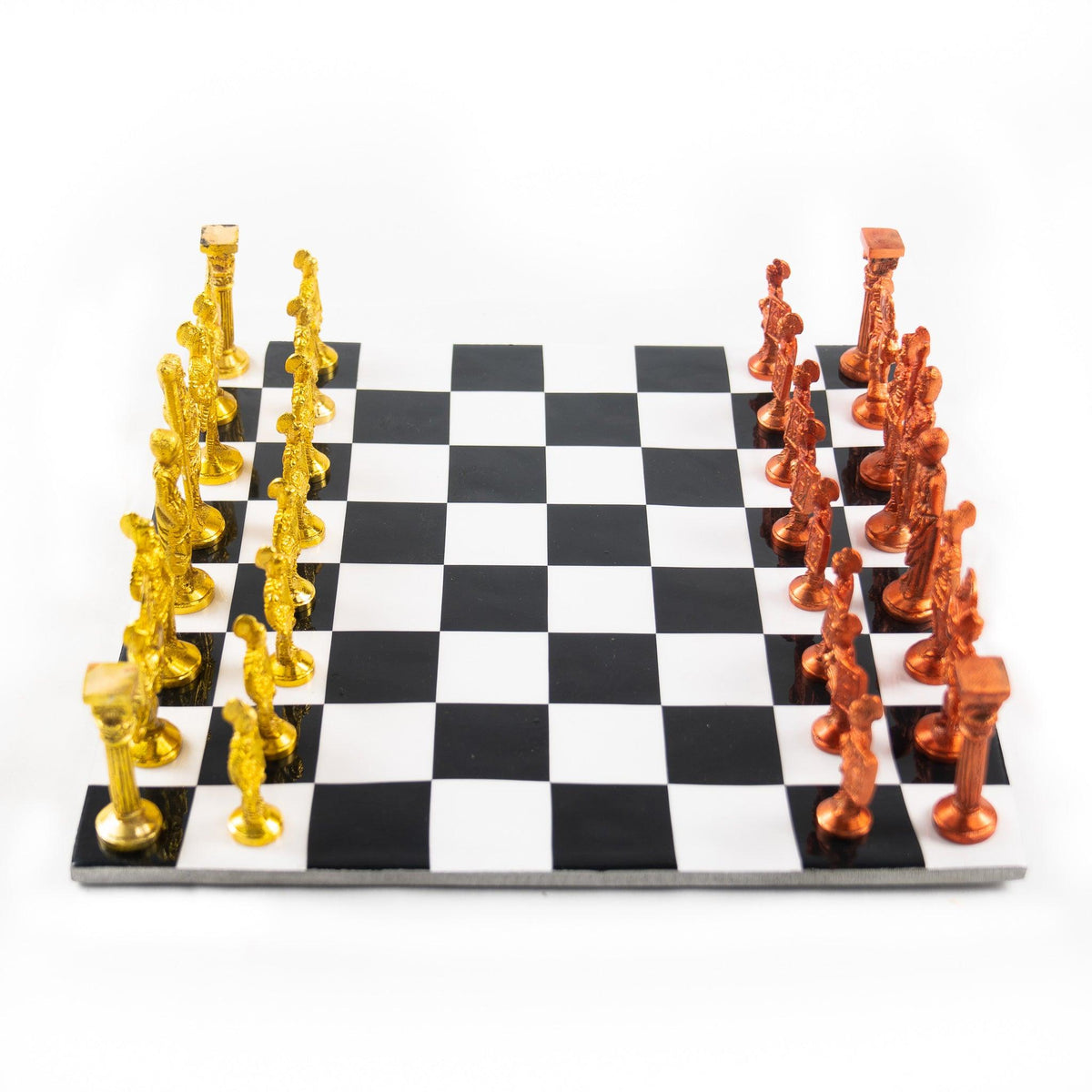 Roman Chess Set- Metal Black and White Board with Red and Gold Pieces- Brass Board with Pieces- 12" - Battling Blades