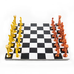 Roman Chess Set- Metal Black and White Board with Red and Gold Pieces- Brass Board with Pieces- 12" - Battling Blades