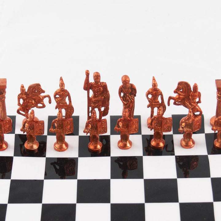 Roman Chess Set- Metal Black and White Board with Red and Gold Pieces- Brass Board with Pieces- 12" - Battling Blades