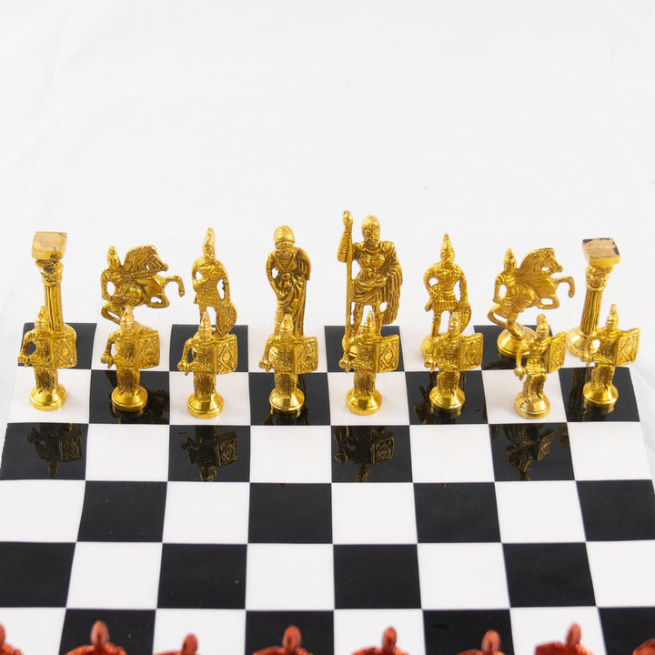 Roman Chess Set- Metal Black and White Board with Red and Gold Pieces- Brass Board with Pieces- 12" - Battling Blades