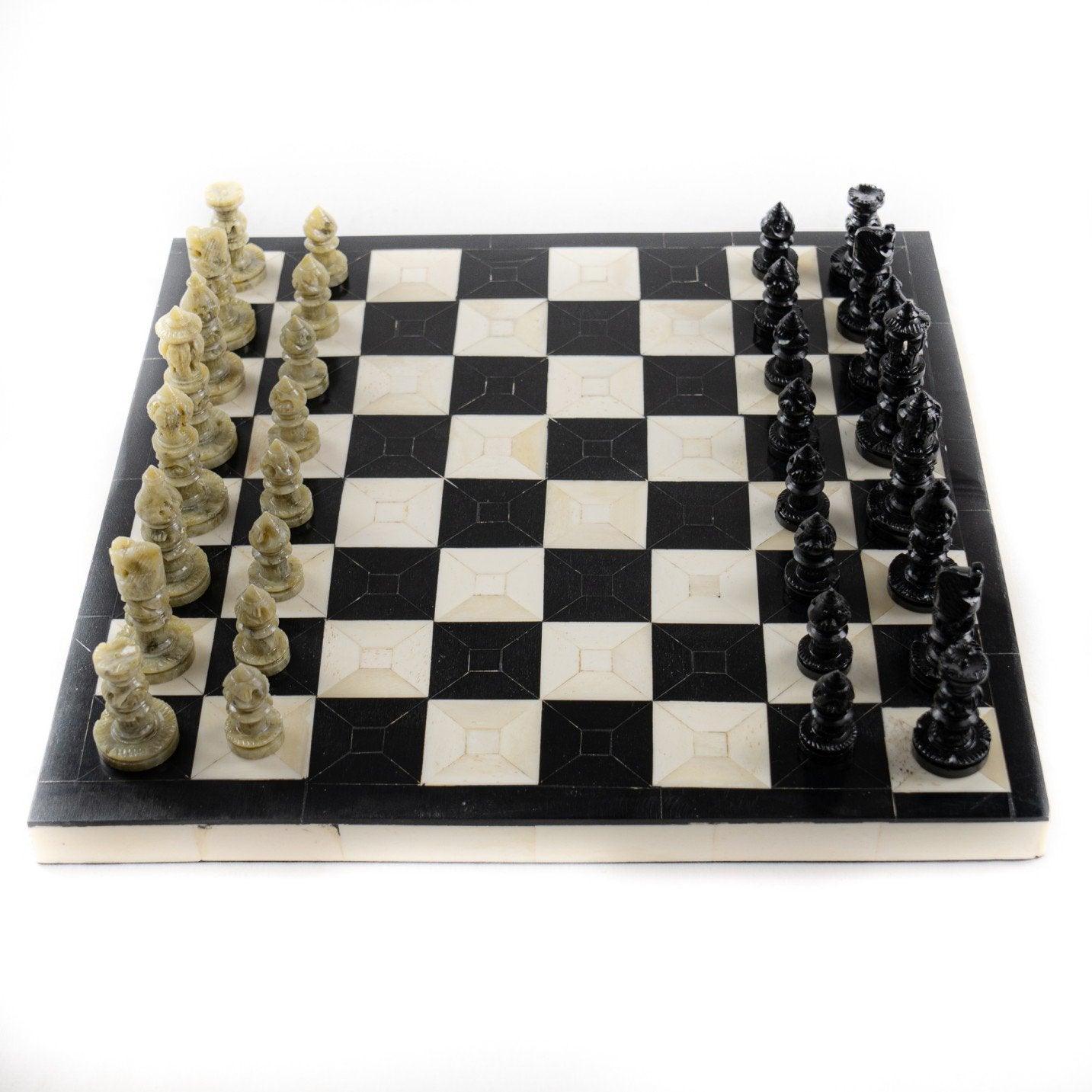 Bone Chess Set- Black and Coral- Bone Chess Board with Pieces- 20