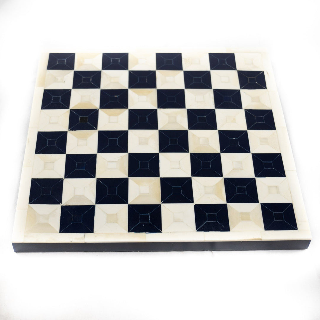 Bone Chess Set- Black and White- White Border- Bone Chess Board with Pieces- 12"