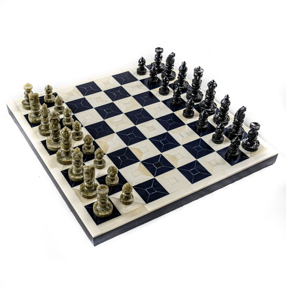 Bone Chess Set- Black and White- White Border- Bone Chess Board with Pieces- 12" - Battling Blades
