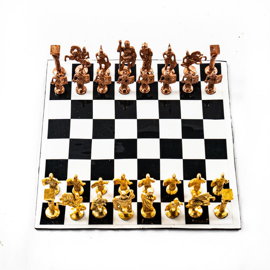 Brass Chess Set- Roman Style Black and White Board- White Border- 12"