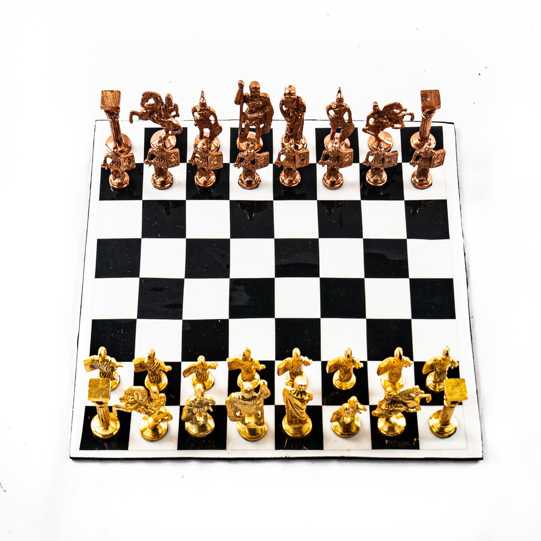 Brass Chess Set- Roman Style Black and White Board- White Border- 12"