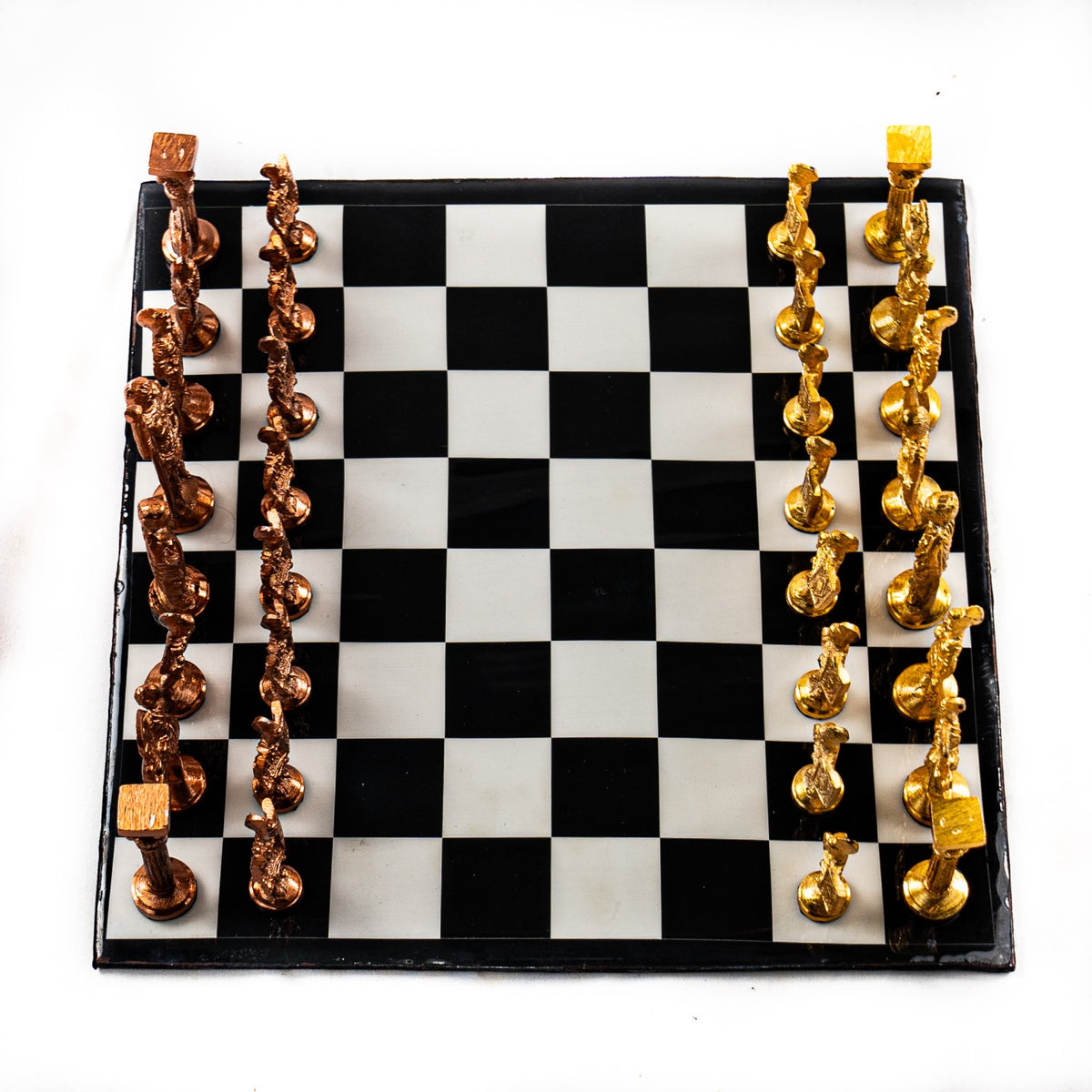 Brass Chess Set- Roman Style Black and White Board- Black Border- 12" - Battling Blades